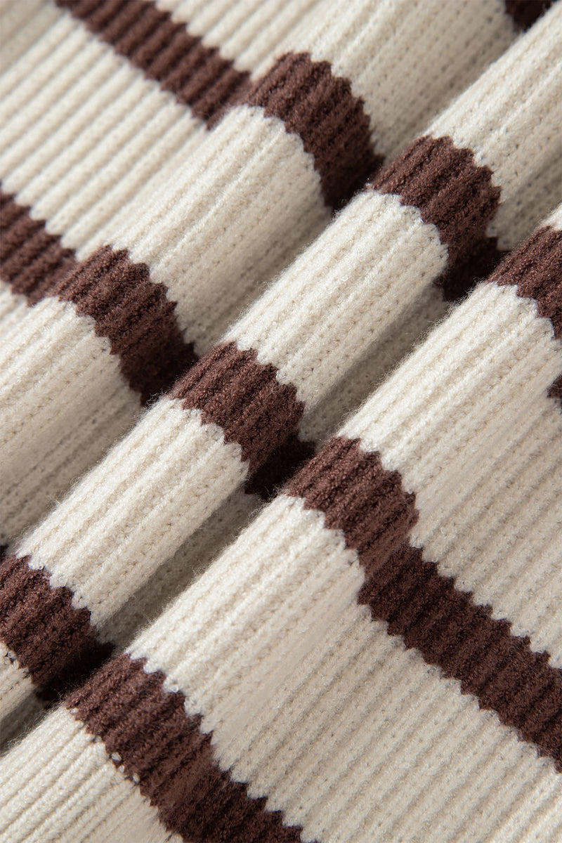 Load image into Gallery viewer, DLLS227 - Ladies Brown Stripe Ribbed Henley Drop Shoulder Slouchy Sweater
