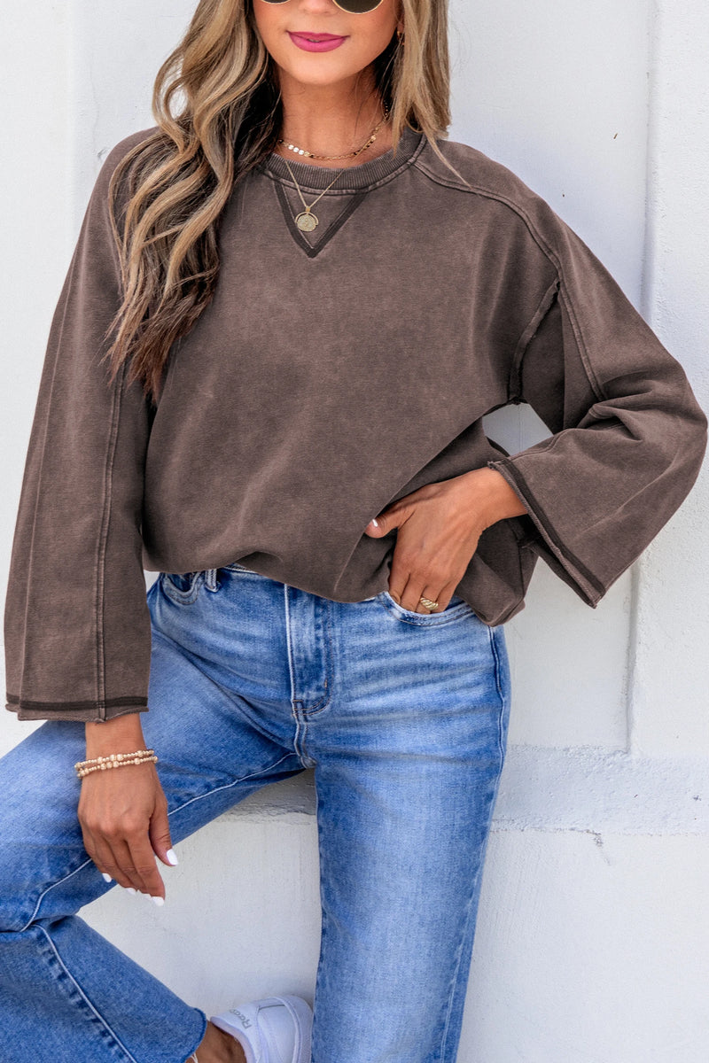 Load image into Gallery viewer, DLLS790 - Ladies Dark Brown 3/4 Sleeve Mineral Wash Loose Cotton Top
