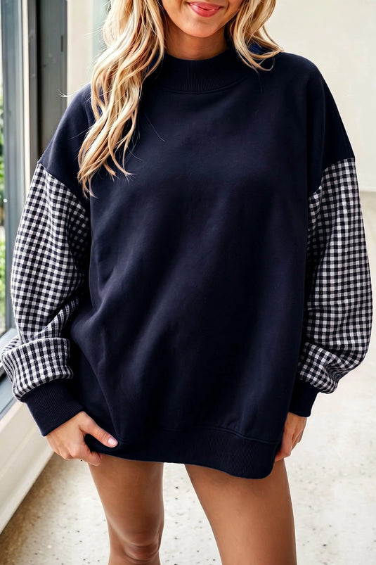 DLLS1122 - Ladies Navy Blue Plaid Sleeve Colorblock Loose Tunic Sweatshirt