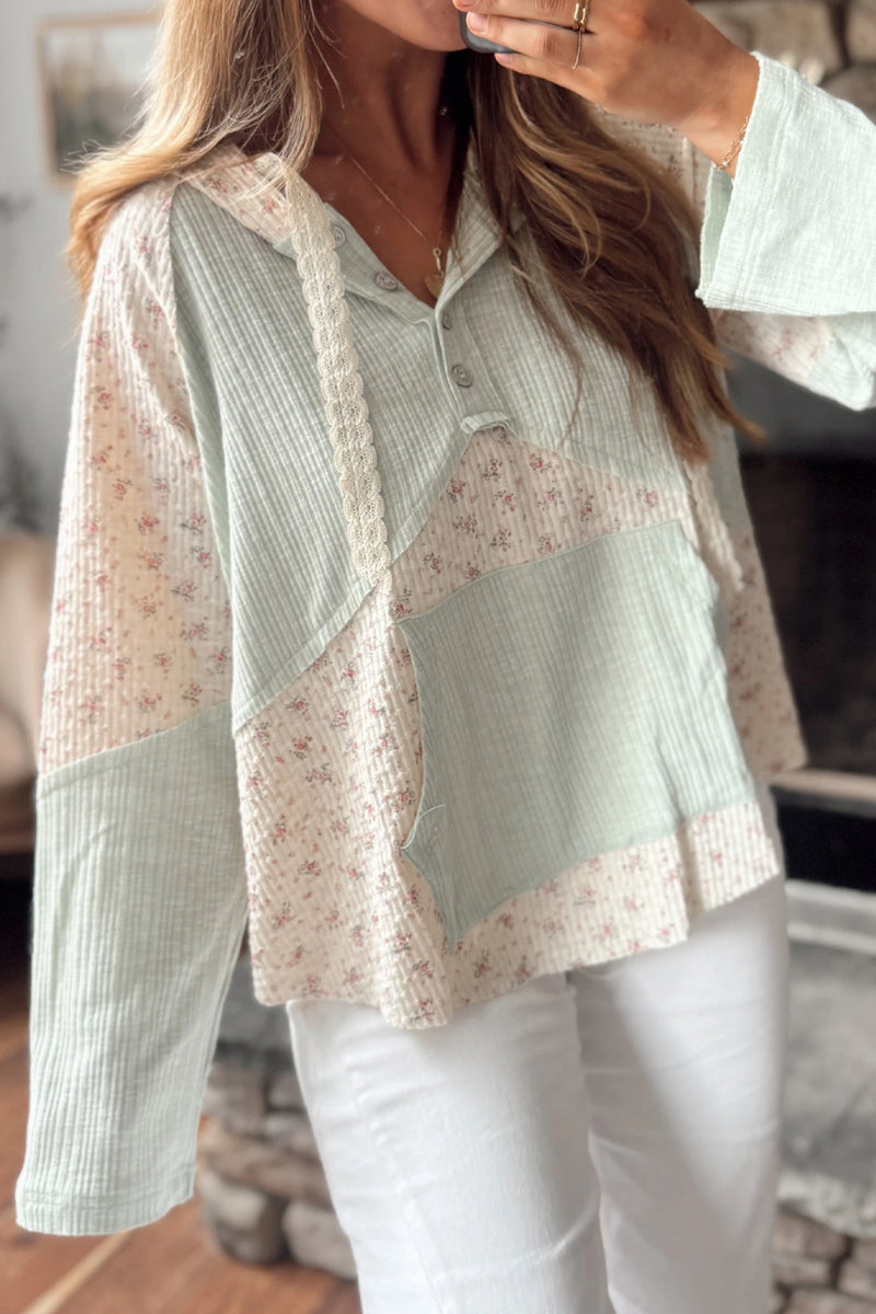 Load image into Gallery viewer, DLLS955 - Ladies Clearly Aqua Textured Floral Patchwork Button Hooded Long Sleeve Top
