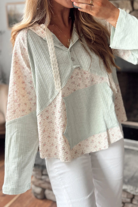 DLLS955 - Ladies Clearly Aqua Textured Floral Patchwork Button Hooded Long Sleeve Top
