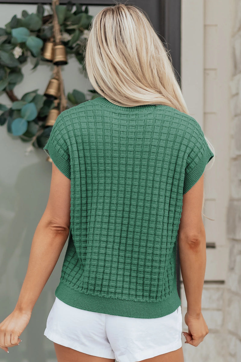 Load image into Gallery viewer, DLLS511 - Ladies Mist Green Solid Color Round Neck Textured Short Sleeve Sweater
