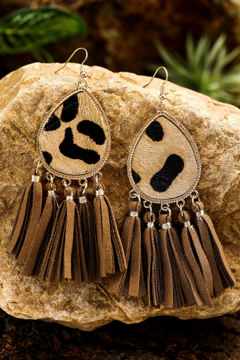 Load image into Gallery viewer, DLLER 17 - Honey Gold Boho Leopard Print Tasseled Hook Earrings
