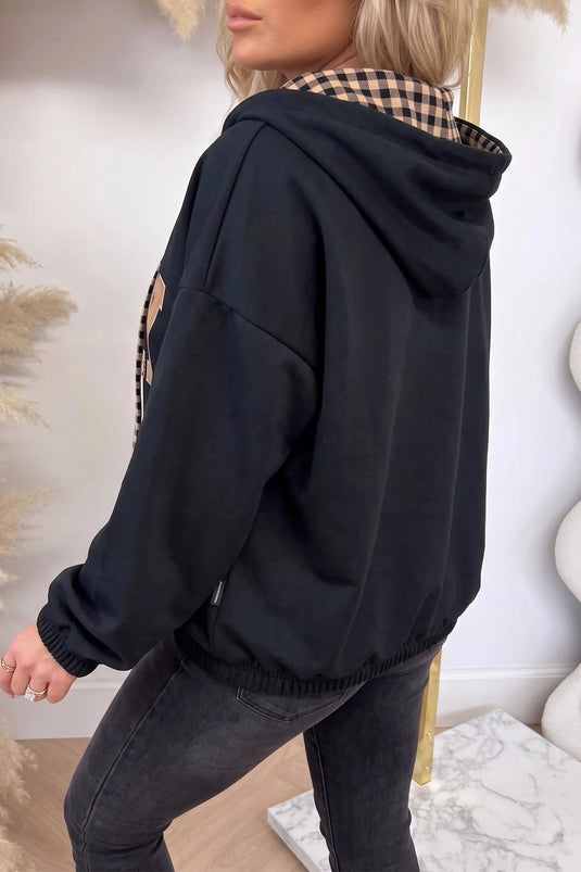 DLLS979 - Ladies Black PRAY Mix Pattern Letter Graphic Plaid Contrast Drawstring Hoodie