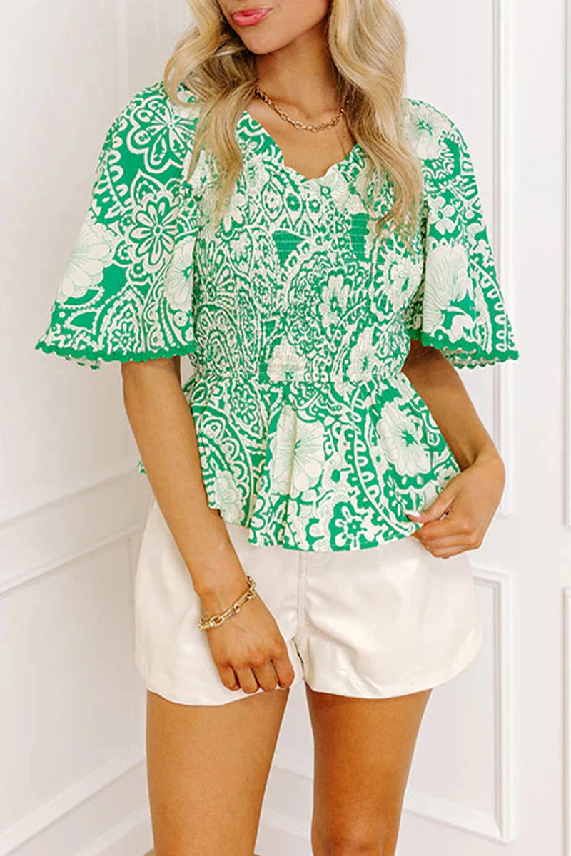 Load image into Gallery viewer, DLLS934 - Ladies Green Flirty Floral Smocked V Neck Blouse
