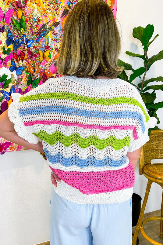 DLLS570 - Ladies White Color Block Crochet Knit Ruffled Short Sleeve Sweater Top