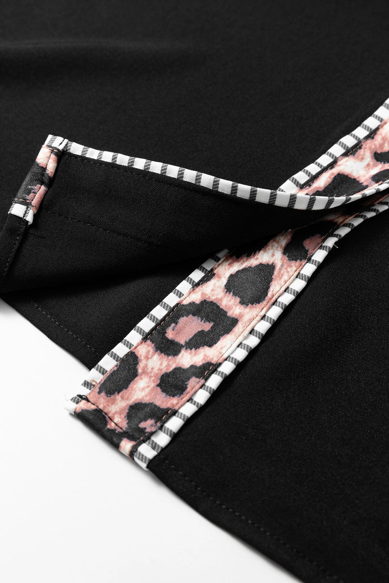 Load image into Gallery viewer, DLLS461 - Ladies Black V Neck Short Puff Sleeve Leopard Trim Button Down Shirt
