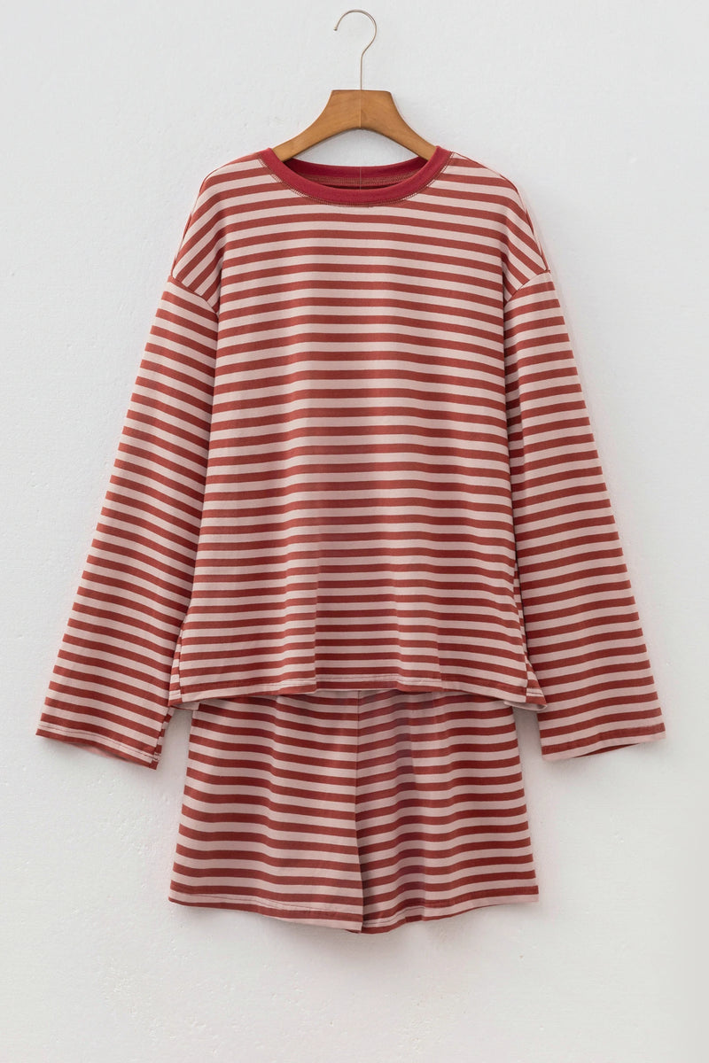 Load image into Gallery viewer, DLLS767 - Ladies Brown Stripe Long Sleeve Top Contrast Elastic Waistband Short Set
