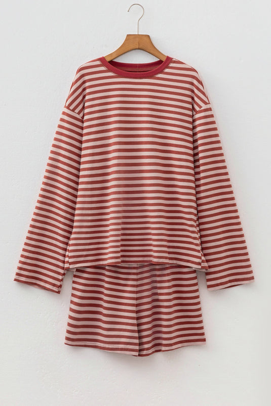 DLLS767 - Ladies Brown Stripe Long Sleeve Top Contrast Elastic Waistband Short Set