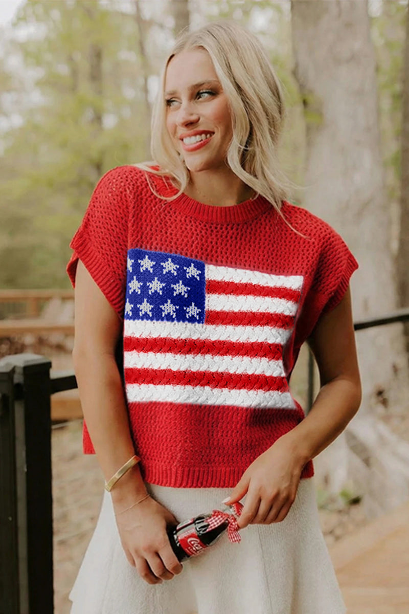 Load image into Gallery viewer, DLLS623 - Ladies Fiery Red Flag Graphic Short Sleeve Sweater Top
