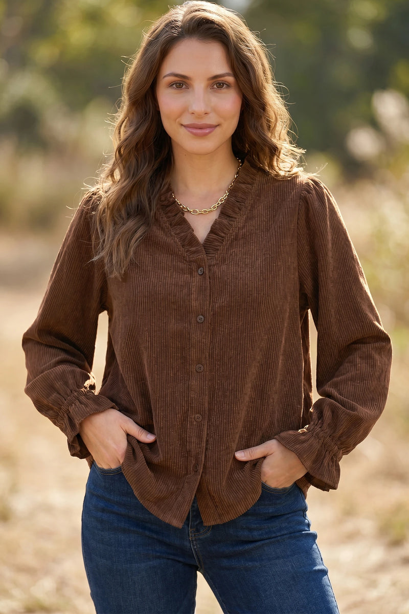 Load image into Gallery viewer, DLLS727 - Ladies Coffee Color Ruffle Trim V Neck Long Sleeve Button Corduroy Shakcet

