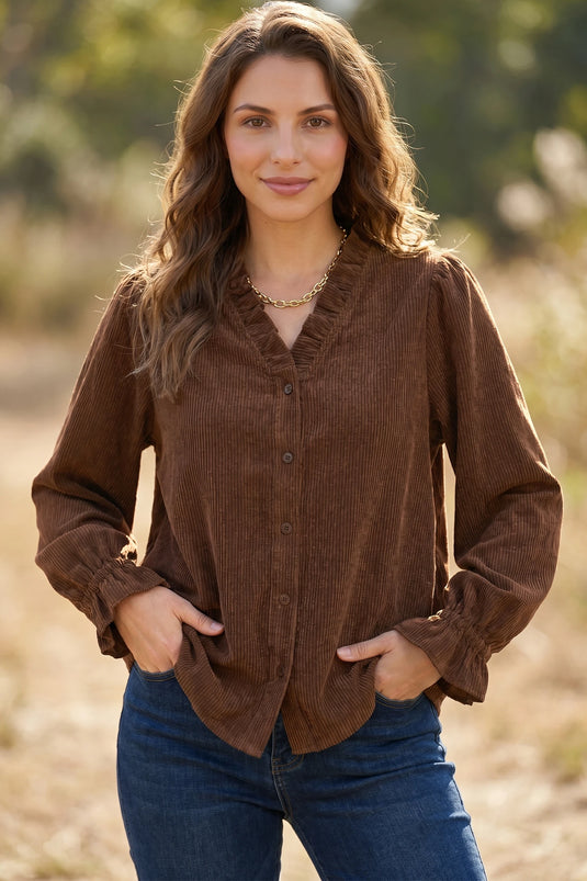 DLLS727 - Ladies Coffee Color Ruffle Trim V Neck Long Sleeve Button Corduroy Shakcet