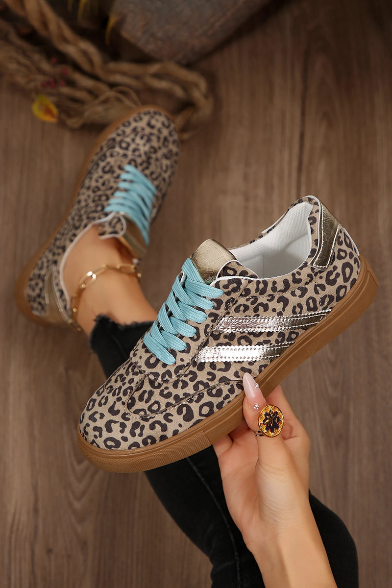 Load image into Gallery viewer, DLLSHOE 17 - Coffee Faux Suede Leopard Print Sleek PU Leather Detail Lace Up Sneakers
