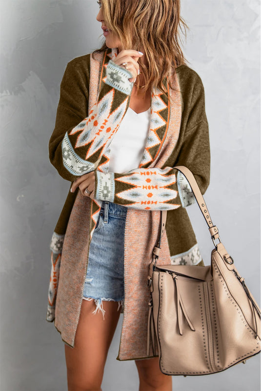 DLLS757 - Ladies Brown Aztec Print Open Front Knitted Cardigan