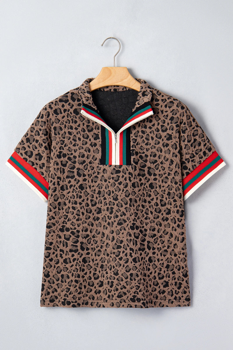 Load image into Gallery viewer, DLLS944 - Ladies Brown Leopard Jacquard Striped Patchwork Half Zip Short Sleeve Blouse
