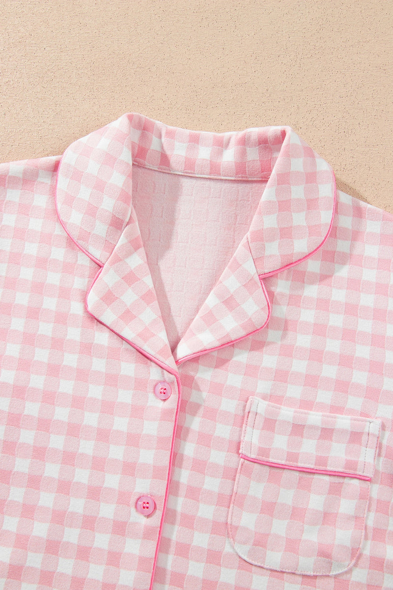 Load image into Gallery viewer, DLLS1111 - Ladies Pink Gingham Long Sleeve Lapel Shirt 2pcs Pajama Pant Set
