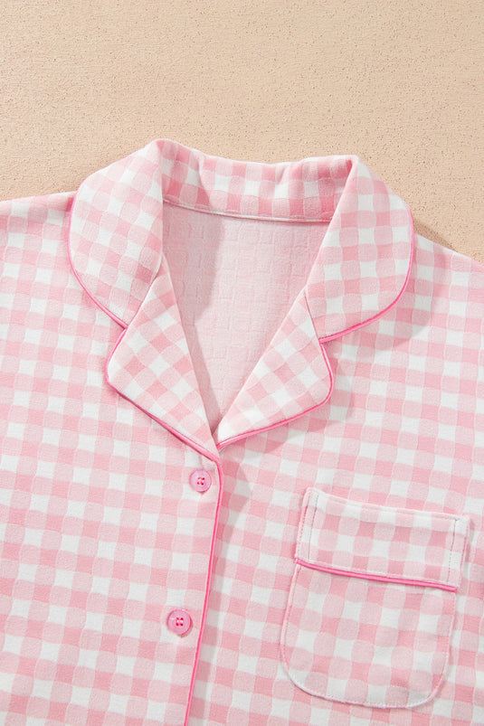 DLLS1111 - Ladies Pink Gingham Long Sleeve Lapel Shirt 2pcs Pajama Pant Set