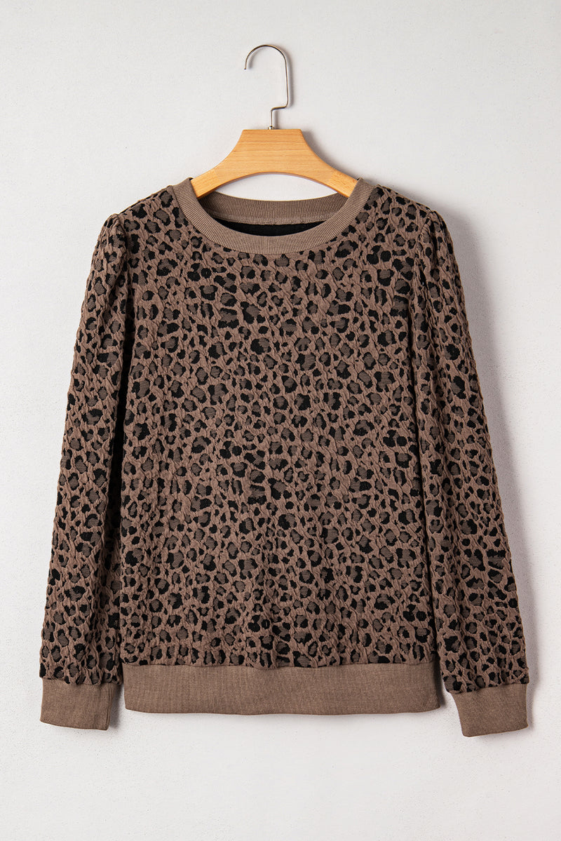Load image into Gallery viewer, DLLS123 - Ladies Brown Ribbed Trim Leopard Print Long Sleeve Top
