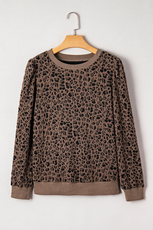 DLLS123 - Ladies Brown Ribbed Trim Leopard Print Long Sleeve Top