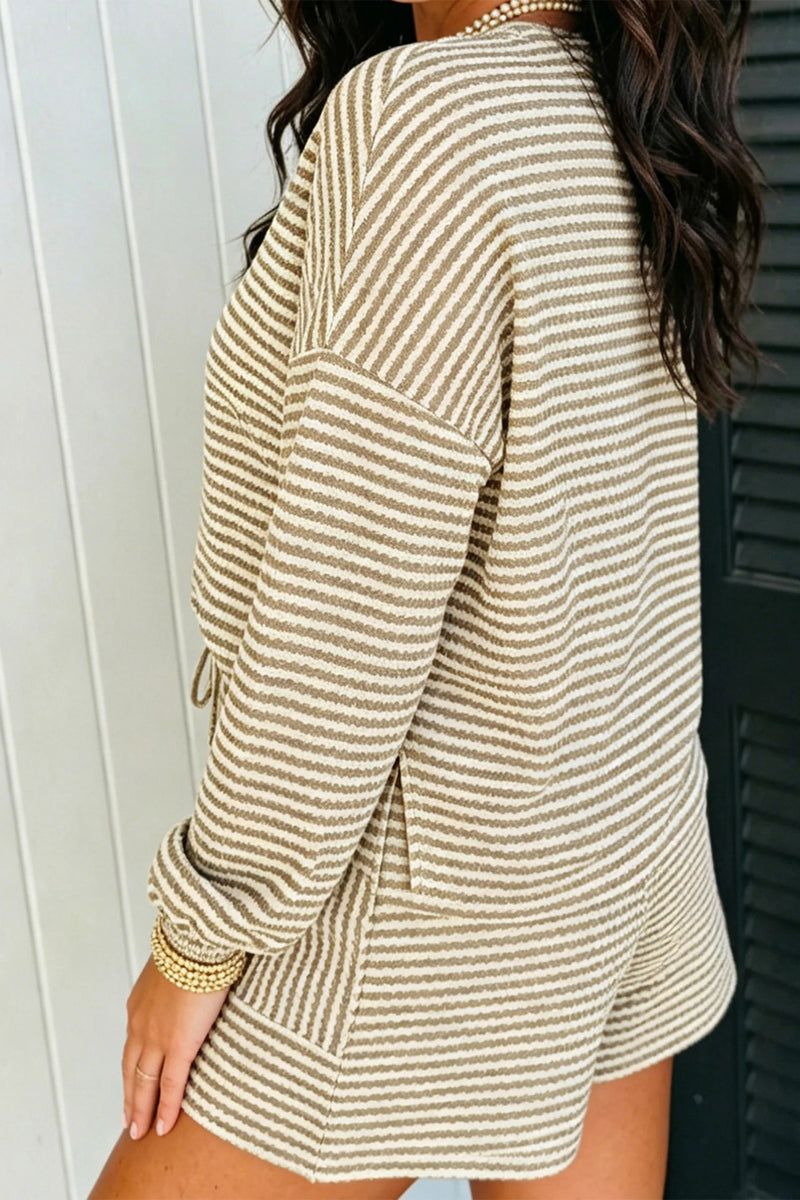 Load image into Gallery viewer, DLLS1147 - Ladies Brown Stripe Textured Knit Long Sleeve Top Elastic Waist Shorts Casual Outfit
