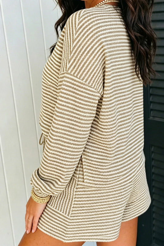 DLLS1147 - Ladies Brown Stripe Textured Knit Long Sleeve Top Elastic Waist Shorts Casual Outfit