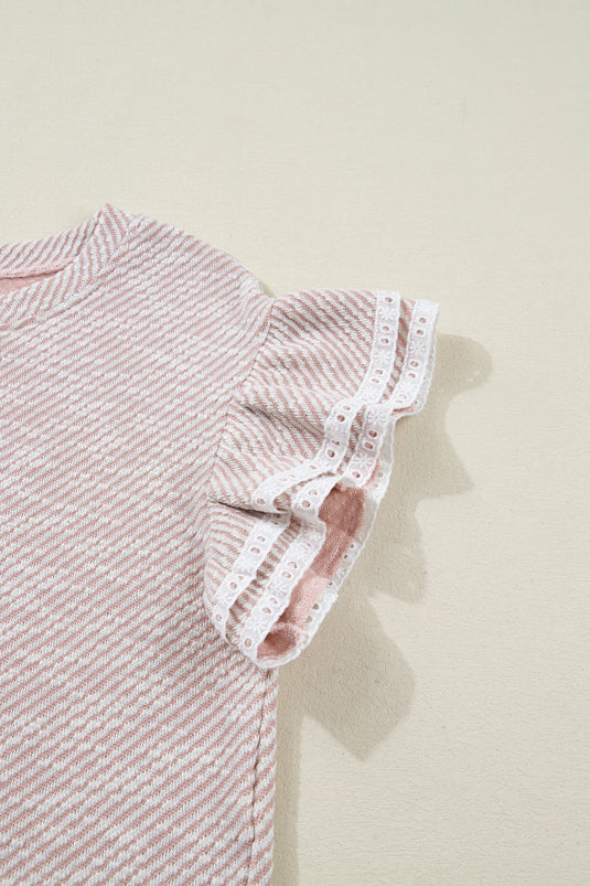 DLLS515 - Ladies Light Pink Twilled Print Lace Trim Ruffled Short Sleeve Blouse