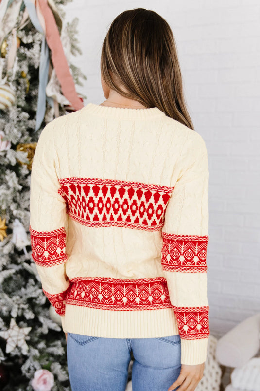 DLLS1156 - Ladies Red Western Print Round Neck Long Sleeve Shift Sweater