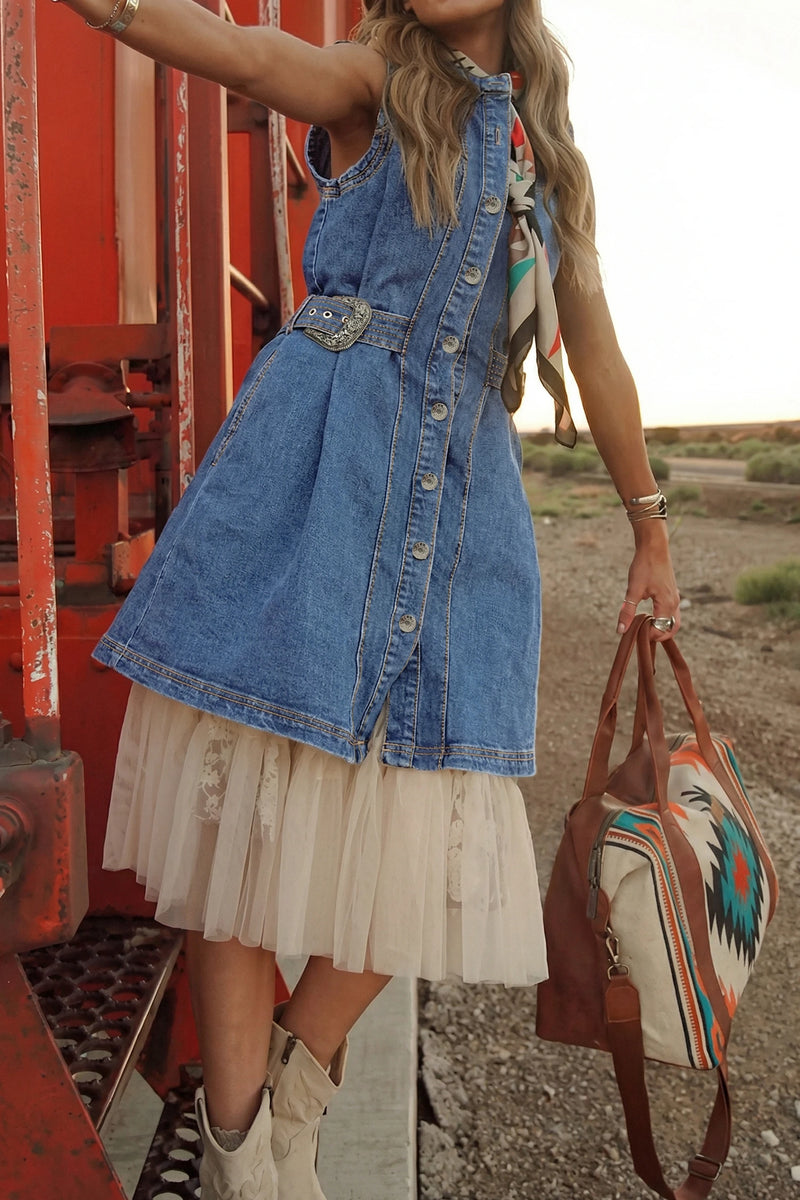 Load image into Gallery viewer, DLLS582 - Ladies Myosotis Western Belt Button Down Sleeveless Denim Short Dress
