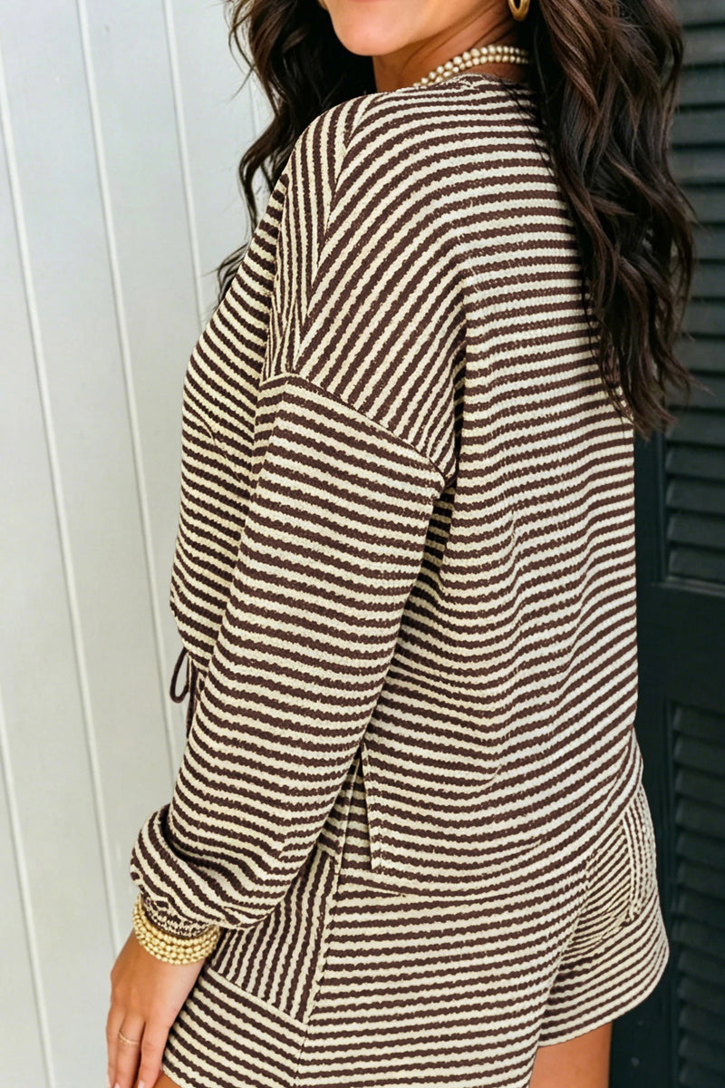 Load image into Gallery viewer, DLLS978 - Ladies Brown Stripe Textured Knit Long Sleeve Top Shorts Casual Outfit
