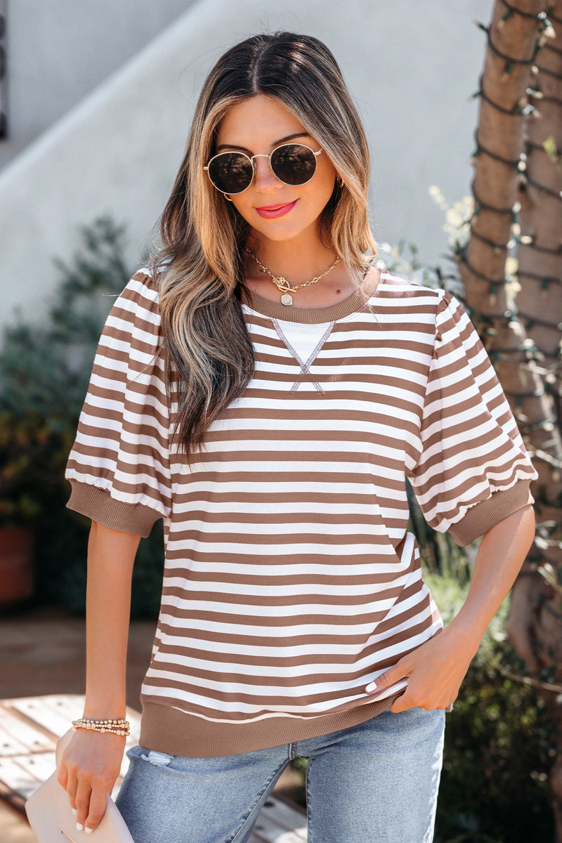 Load image into Gallery viewer, DLLS548 - Ladies Khaki Stripe Short Bubble Sleeve T Shirt
