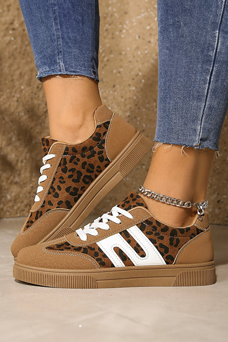 Load image into Gallery viewer, DLLSHOE 59 - Coffee Faux Suede Leopard Color Block Patchwork Sneakers
