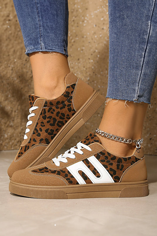 DLLSHOE 59 - Coffee Faux Suede Leopard Color Block Patchwork Sneakers