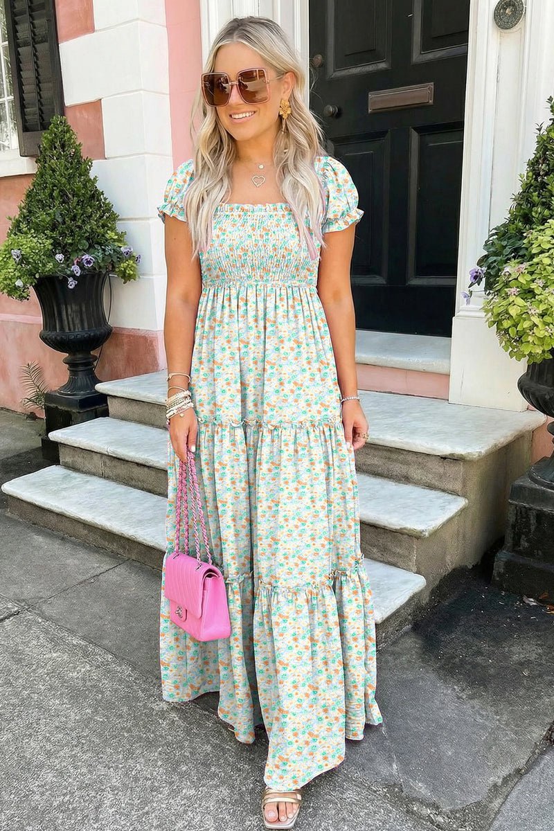 Load image into Gallery viewer, DLLS613 - Ladies Green Floral Short Bubble Sleeve Shirred High Waist Maxi Dress
