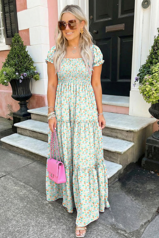 DLLS613 - Ladies Green Floral Short Bubble Sleeve Shirred High Waist Maxi Dress