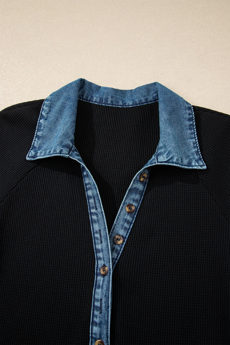 Load image into Gallery viewer, DLLS488 - Ladies Black Waffle Knit Denim Contrast Trim Patchwork Button Polo Tee Dress
