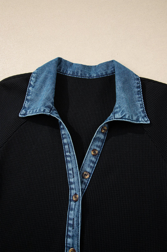 DLLS488 - Ladies Black Waffle Knit Denim Contrast Trim Patchwork Button Polo Tee Dress