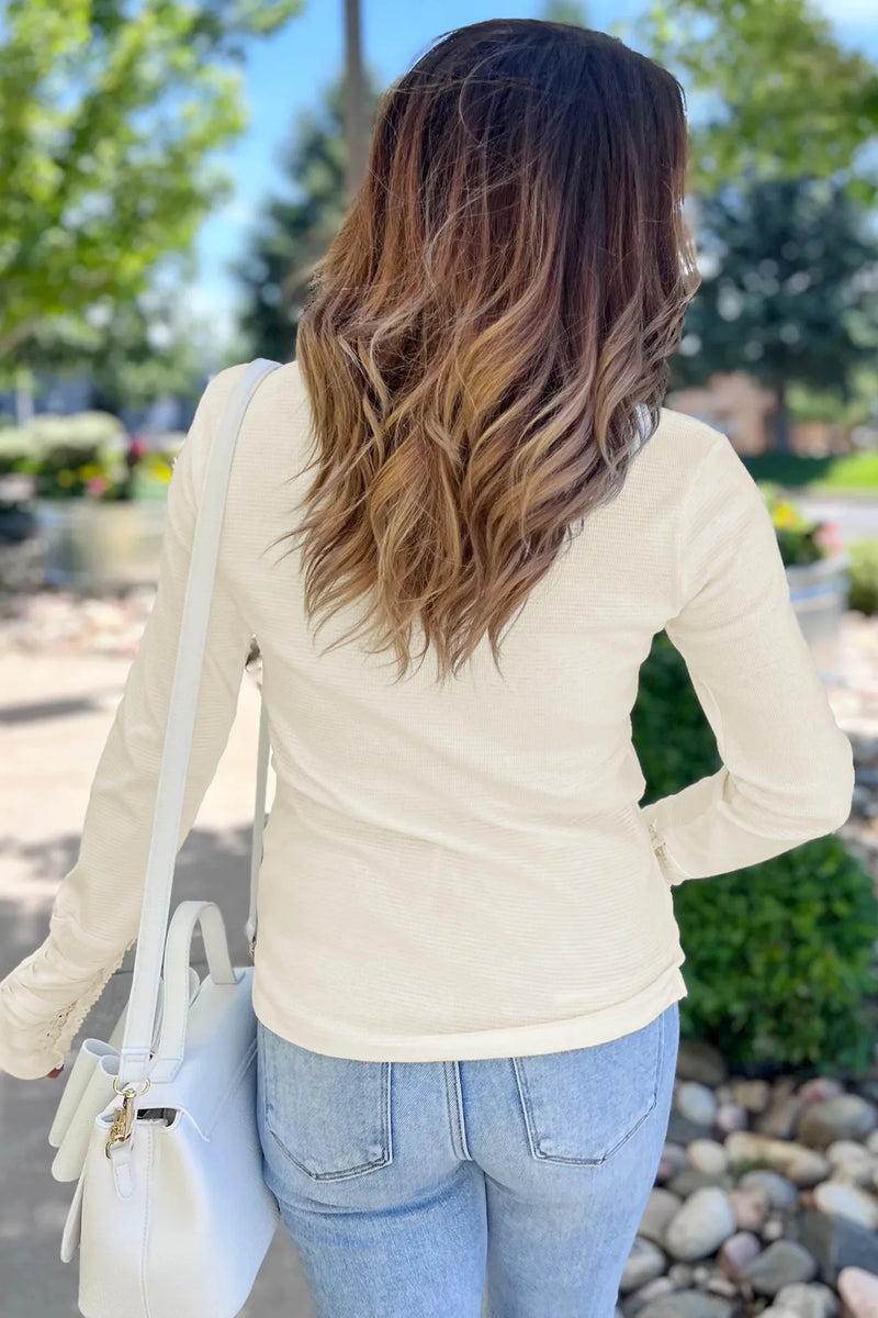 Load image into Gallery viewer, DLLS357 - Ladies Beige Thermal Knit Lace Ruched Patchwork Long Sleeve V Neck Top

