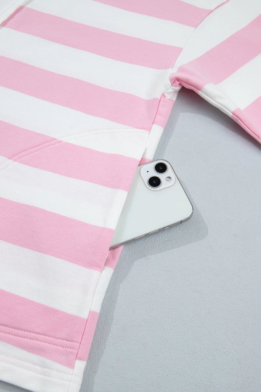 DLLS816 - Ladies Pink Stripe Patchwork Zipper Pullover Elastic Waist Shorts 2pcs Set