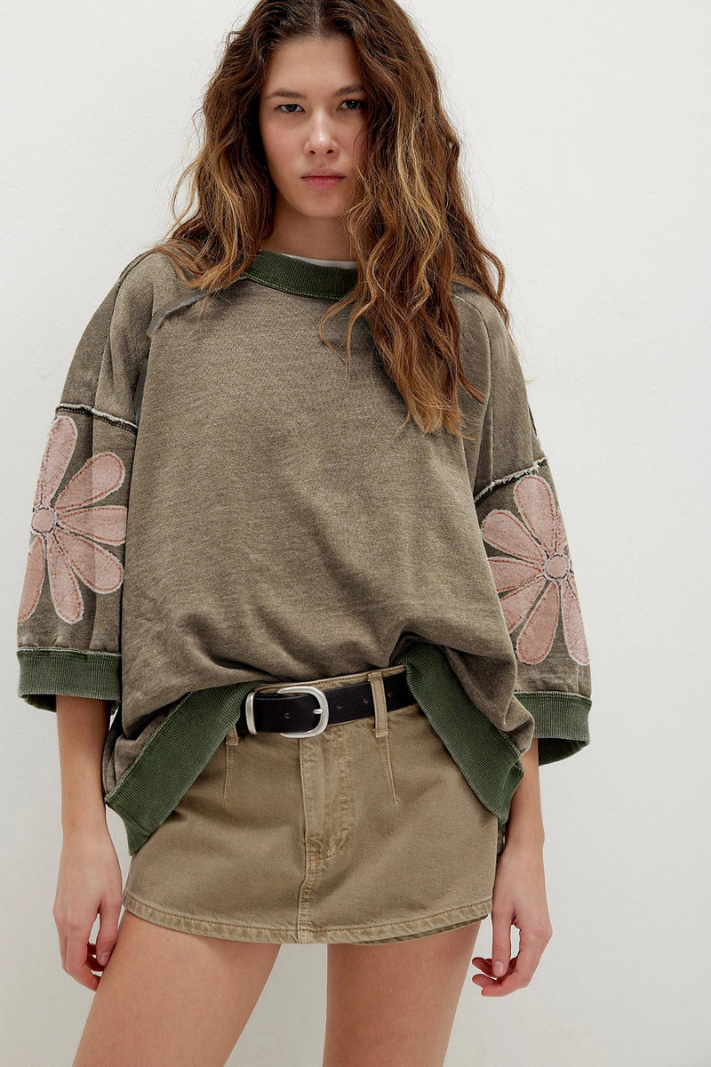 Load image into Gallery viewer, DLLS1096 - Ladies Breen Mineral Wash Raw Seam Patchwork Flower Patched 3/4 Sleeve Oversize Top
