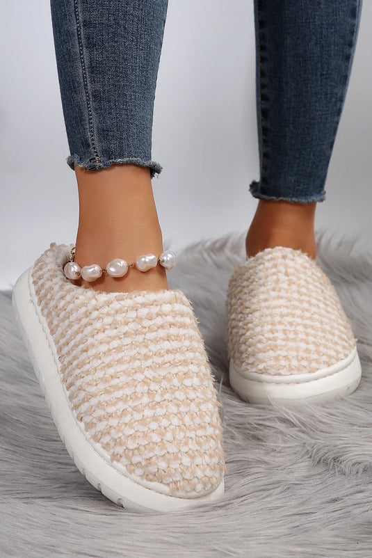 DLLSHOE 193 - Pale Khaki Two-Tone Knitted Warm Homewear Slippers