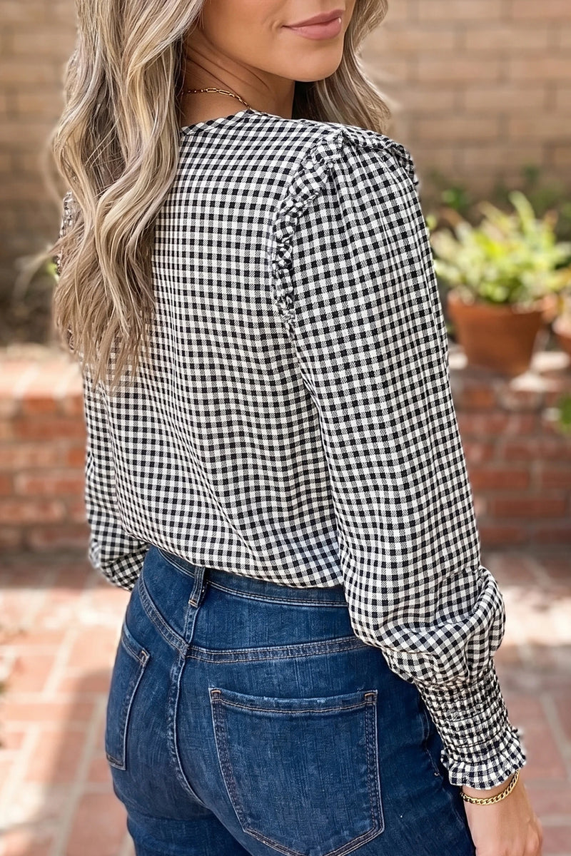 Load image into Gallery viewer, DLLS818 - Ladies Black Plaid Shirred Cuff Long Sleeve Round Neck Blouse
