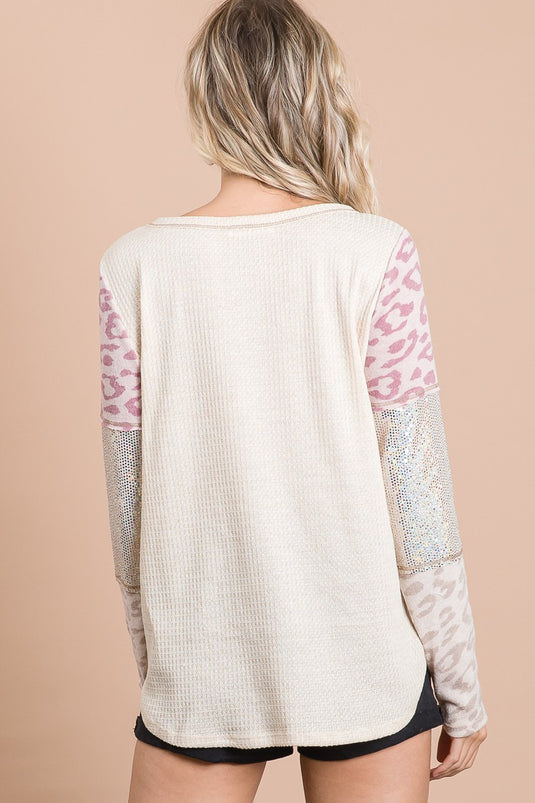 BIBI23- Ladies Thermal Waffle Top With Leopard Sleeves