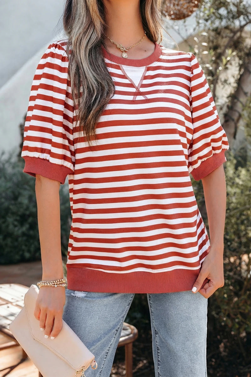 Load image into Gallery viewer, DLLS937 - Ladies Orange Stripe Short Bubble Sleeve T Shirt
