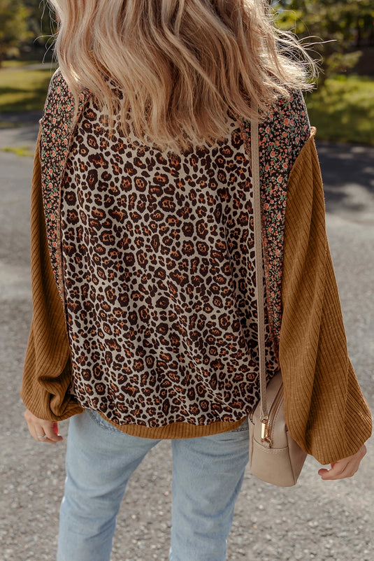 DLLS195 - Ladies Brown Leopard Floral Print Ribbed Puff Sleeve Patchwork Loose Pullover