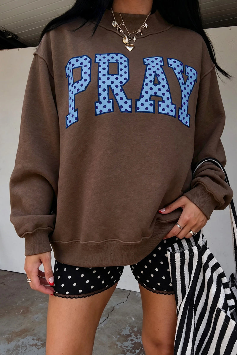 Load image into Gallery viewer, DLLS1032 - Ladies Coffee PRAY Polka Dot Embroidered Mock Neck Sweatshirt
