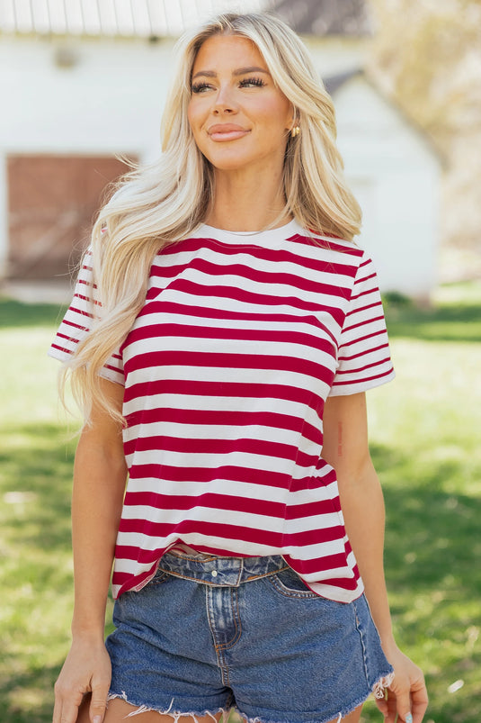 DLLS634 - Ladies Red Stripe Patchwork Round Neck T Shirt