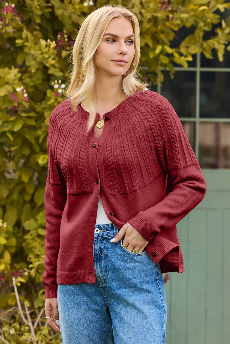 Load image into Gallery viewer, DLLS245 - Ladies Red Dahlia Solid Color Textured Detail Button Down Long Sleeve Sweater Cardigan
