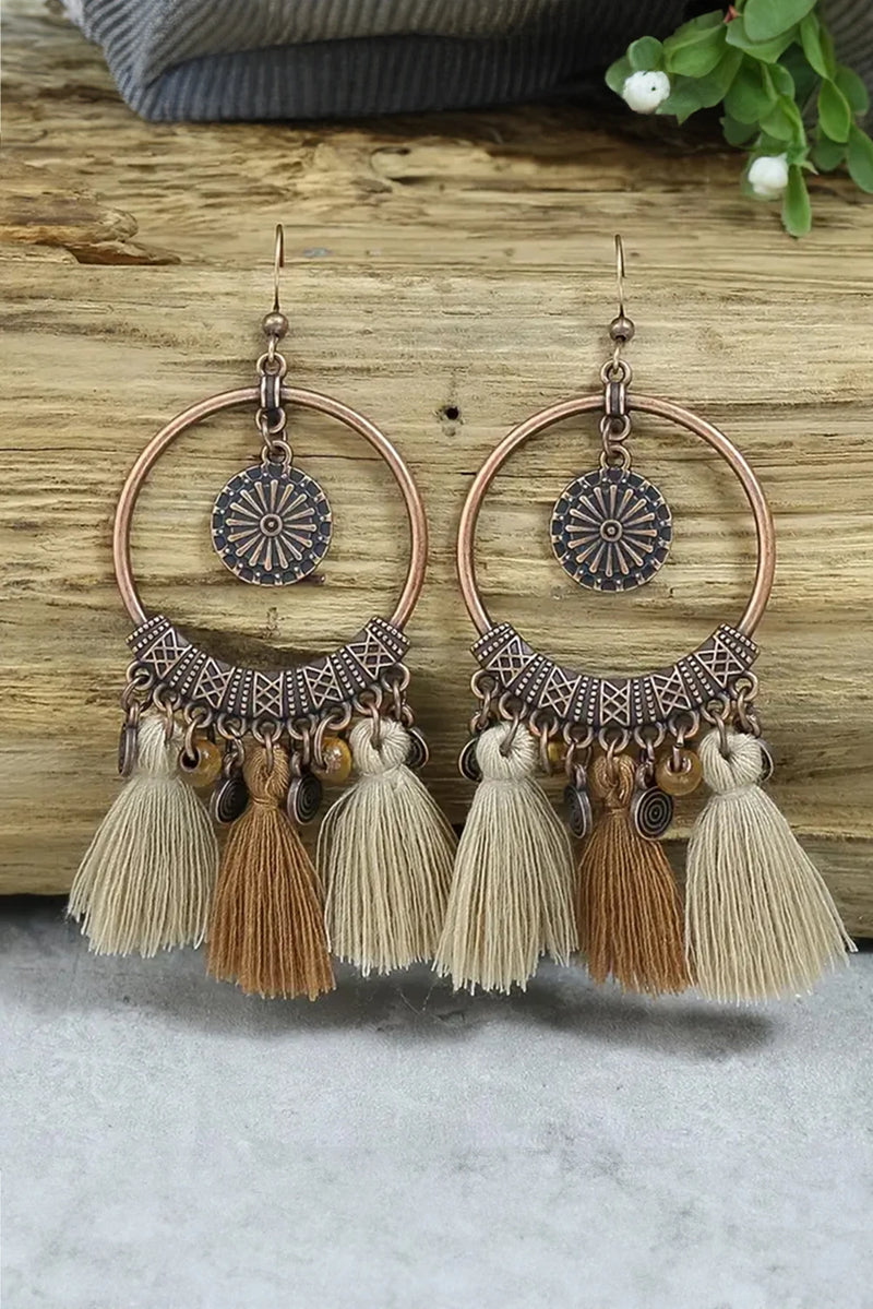 Load image into Gallery viewer, DLLER 9 - Beige Boho Round Tasseled Dangle Earrings
