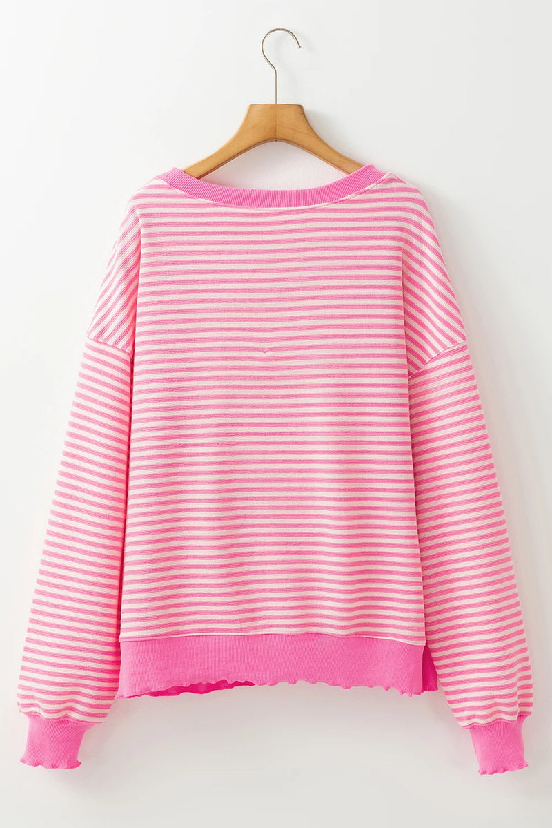 Load image into Gallery viewer, DLLS346 - Ladies Pink Stripe Loose Drop Shoulder Long Sleeve Top

