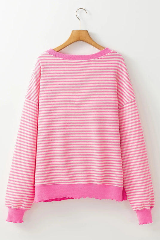 DLLS346 - Ladies Pink Stripe Loose Drop Shoulder Long Sleeve Top